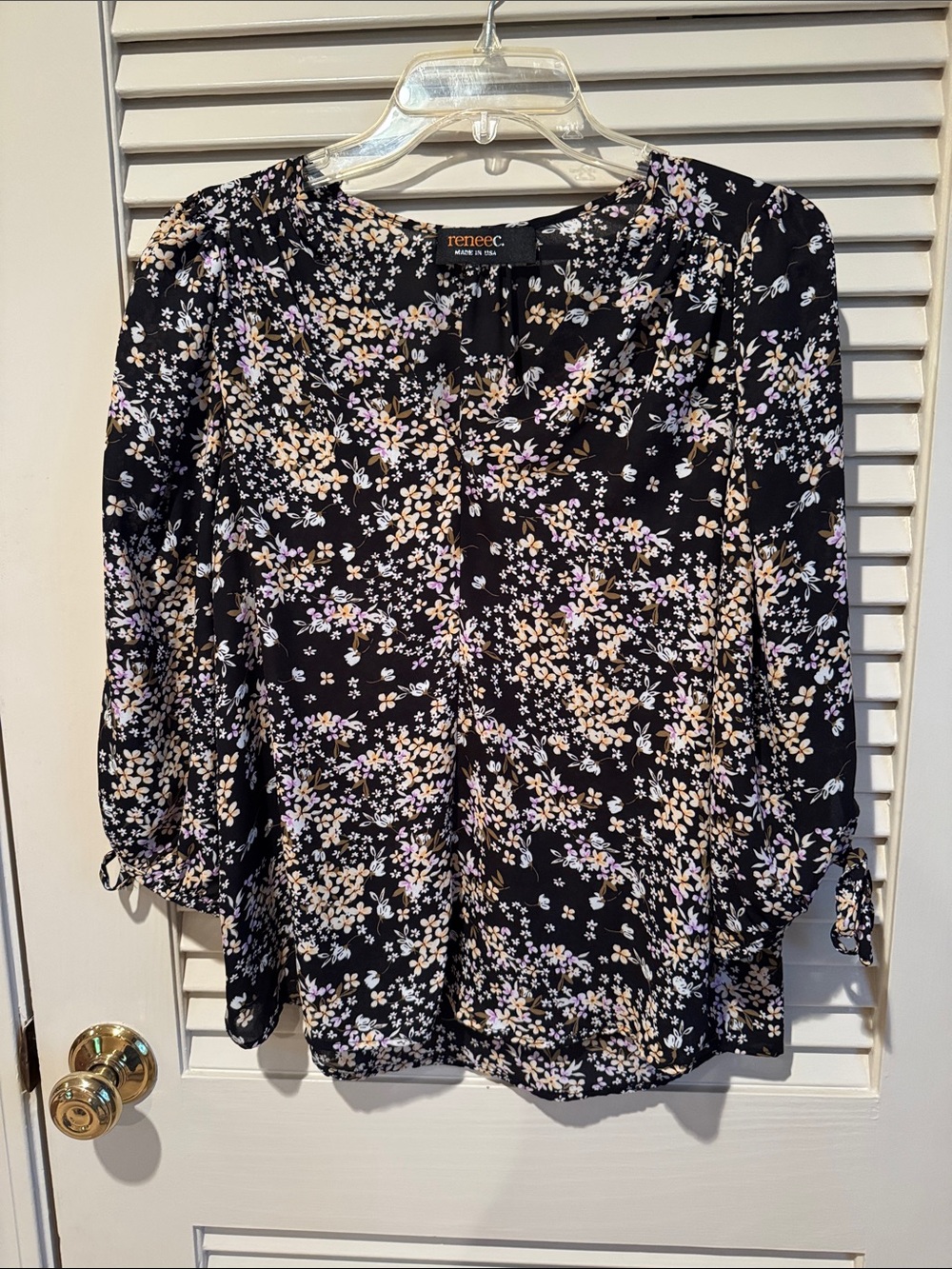 Renee C. V-Neck Black Floral Tie-Cuff Blouse with Cream & Light Purple Flowers